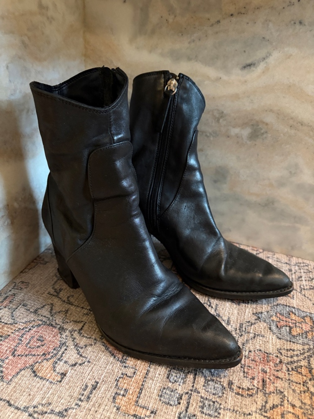 Zara Black Pointed Toe Leather Ankle Boots